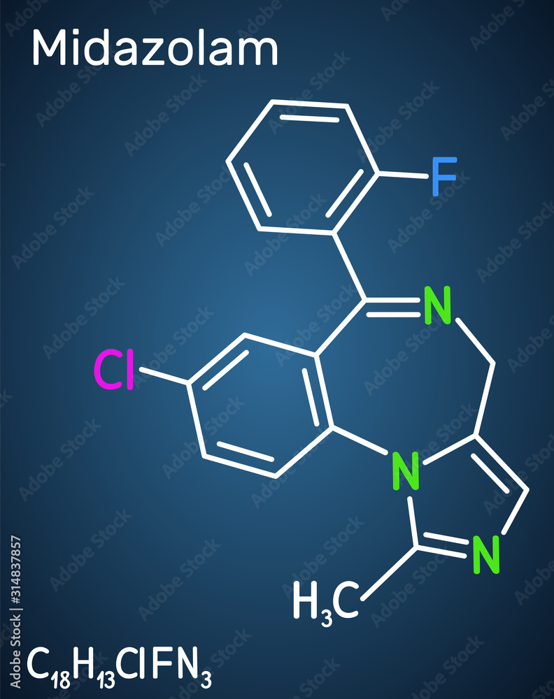 Midazolam molecule. Is a short-acting drug with anxiolytic, anticonvulsant, hypnotic, muscle relaxant, sedative, amnesic properties. Structural chemical formula on the dark blue background Midazolam molecule. Is a short-acting drug with anxiolytic, anticonvulsant, hypnotic, muscle relaxant, sedative, amnesic properties. Structural chemical formula on the dark blue background