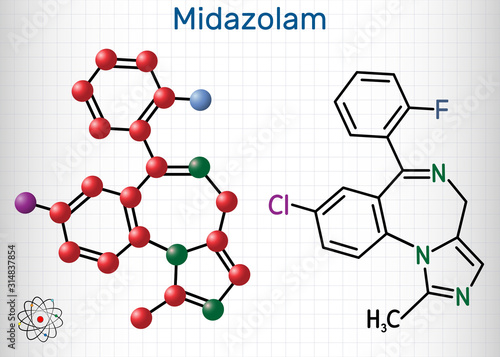 Midazolam molecule. Is a short-acting drug with anxiolytic, anticonvulsant, hypnotic, muscle relaxant, sedative, amnesic properties. Structural  formula and molecule model. Sheet of paper in a cage