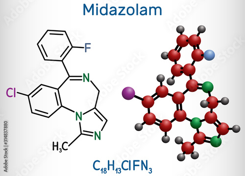 Midazolam molecule. Is a short-acting drug with anxiolytic, anticonvulsant, hypnotic, muscle relaxant, sedative, amnesic properties. Structural chemical formula and molecule model.