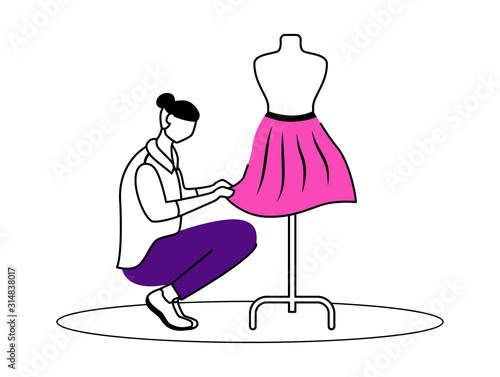 Fashion designer atelier flat contour vector illustration. Creating exclusive skirts at workshop. Designing, sewing clothes isolated cartoon outline character on white background. Simple drawing