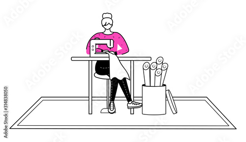 Fashion designer atelier flat contour vector illustration. Assistant with sewing machine isolated cartoon outline character on white background. Designing and reparing clothes simple drawing
