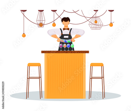 Hotel barman flat color vector illustration. Service staff, personnel. Bar chef with colorful beverages at counter. Bartender making cocktails isolated cartoon character on white background