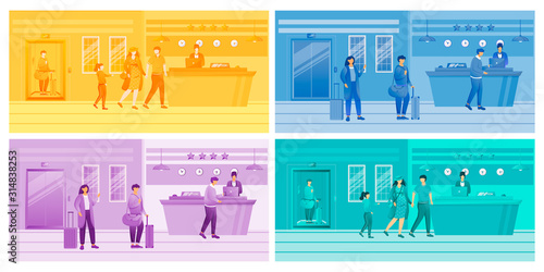 Hotel reception flat vector illustrations set. Colorful scenes at front desk in lobby. Receptionist with clients. Registration, check in process.Tourists and travelers cartoon characters
