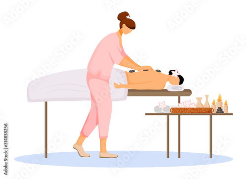 Masseuse in uniform flat color vector illustration. Spa salon, body treatment, relaxation. Hotel pampering session. Stone massage therapist and client isolated cartoon characters on white background