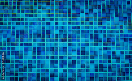 Blue tile pattern of swimming pool tiles. Pool tiles texture background. Clean water with swimming pool mosaic tiles floor. Modern pattern of tiny square pool mosaic floor of bathroom or shower room.
