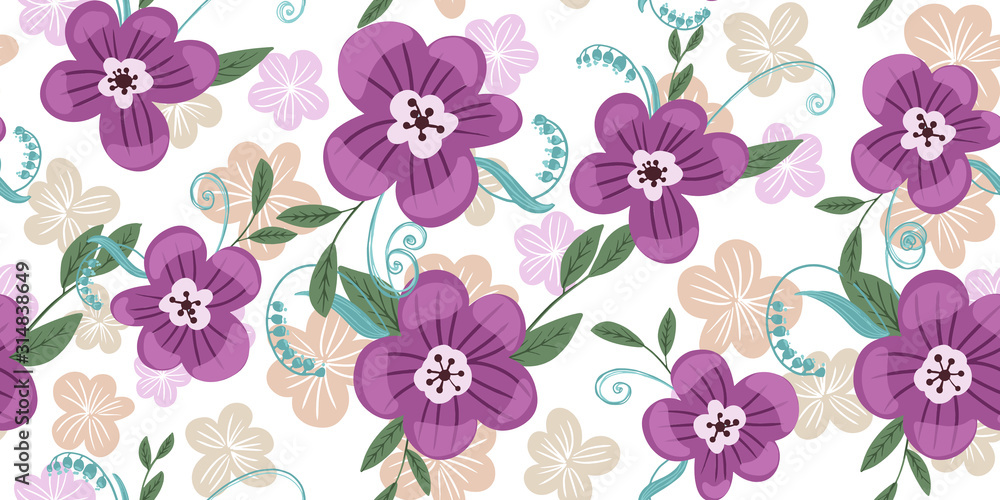 Fototapeta Seamless pattern with colorful hand drawn flowers. Original textile, wrapping paper, wall art surface design. Vector illustration. Floral simple minimalistic graphic design