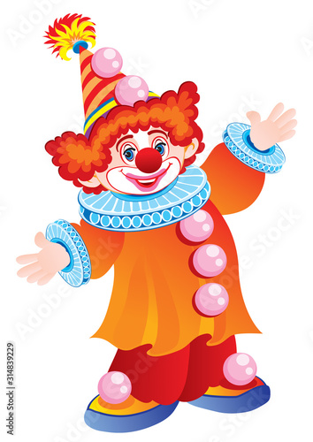 funny clown in a beautiful hat and with red hair on a white background, holiday, fun, childhood, vector illustration