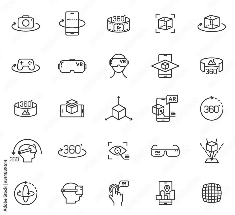 Virtual and augmented reality outline vector icons isolated on white