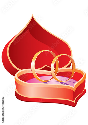 in a red box in the shape of a heart lie two gold rings without a stone, isolated object on a white background, vector illustration