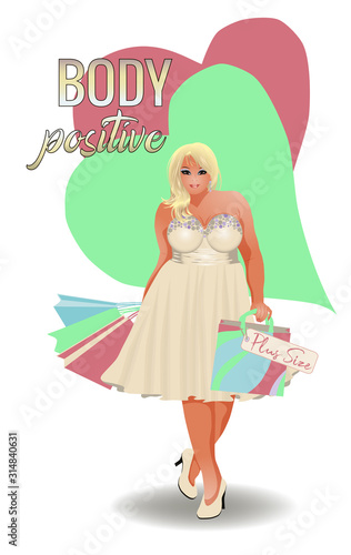Body positive plus size blonde  girl with shopping bags, vector illustration