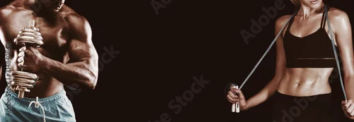 Obraz Cropped of afro bodybuilder and fitness girl over black background