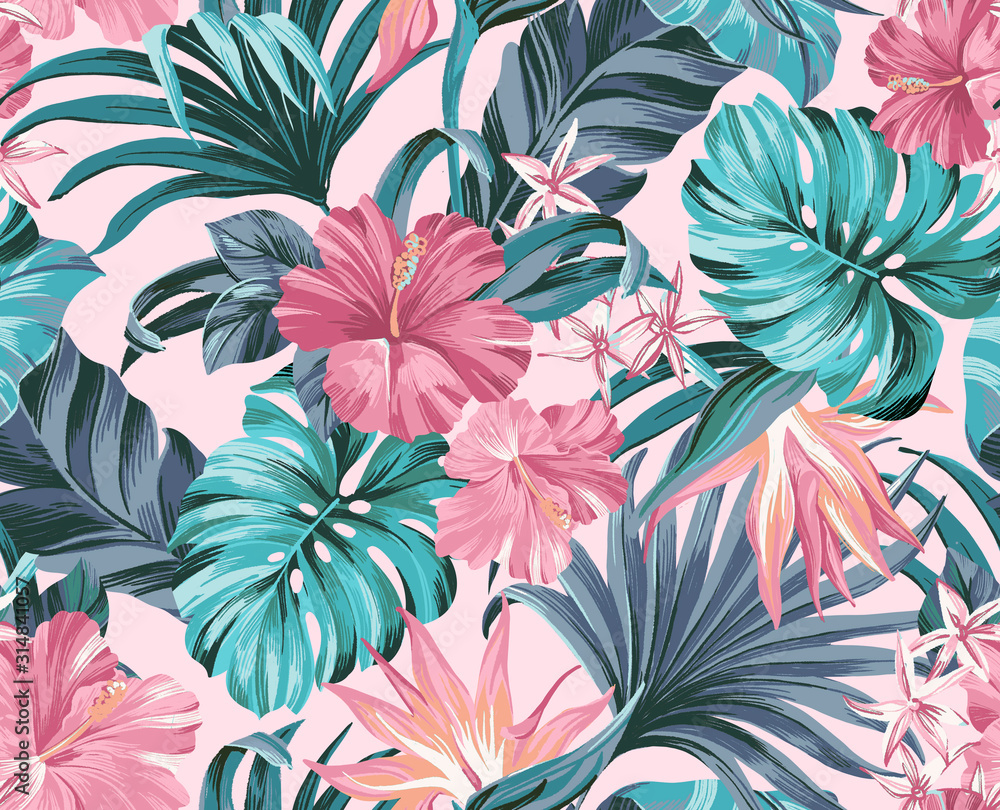Fototapeta Exotic tropical flowers in trendy colors artwork for tattoo, fabrics, souvenirs, packaging, greeting cards and scrapbooking,bed linen,wallpaper