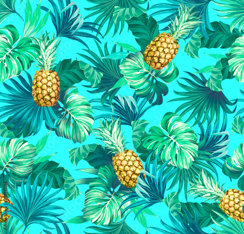 seamless pattern Exotic tropical leaves and pineapple artwork for fabrics  souvenirs  packaging  greeting cards and scrapbooking  textile