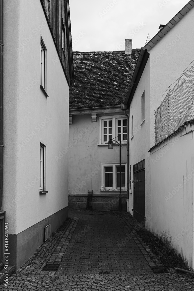 old street alley in black and white in a village