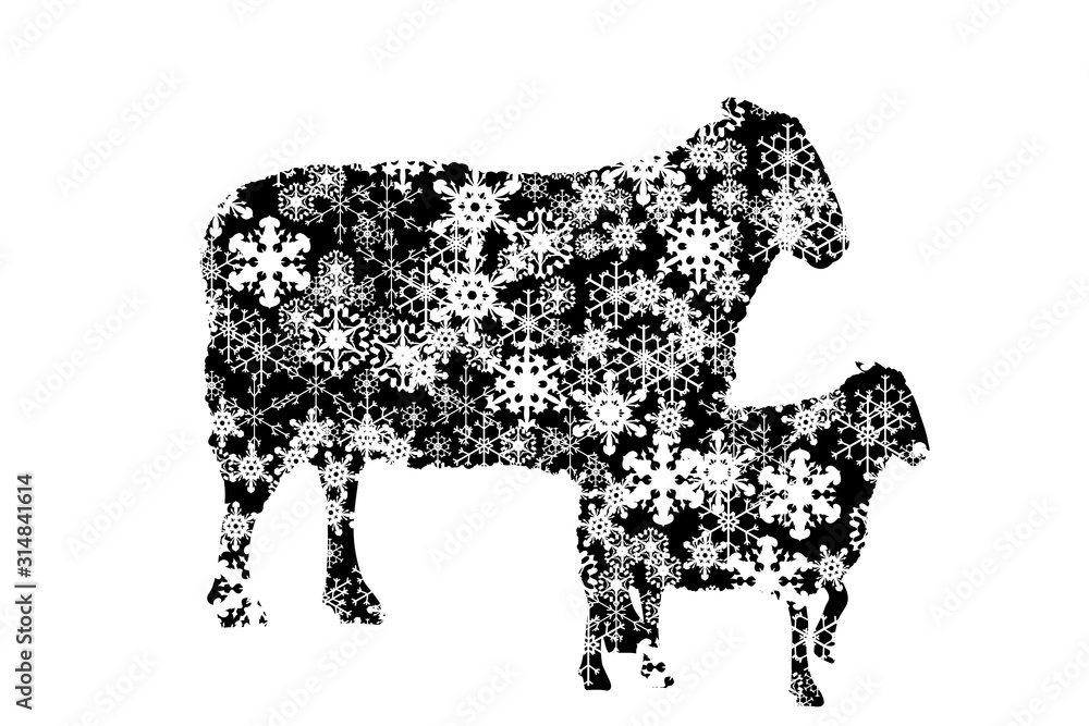 Vector silhouette of snowy sheep family on white background. Symbol of mother and baby in winter with snowflakes stay together. Vector silhouette of snowy sheep family on white background. Symbol of mother and baby in winter with snowflakes stay together.