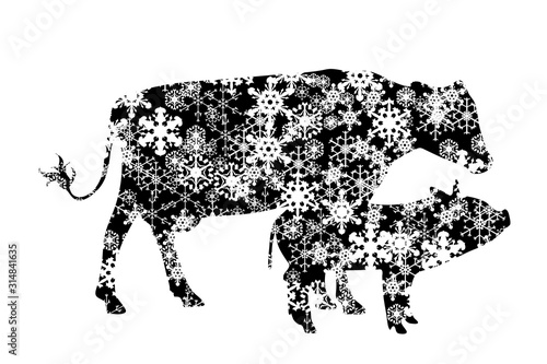 Vector silhouette of cow with pig on white background. Symbol of farm animal´s in winter with snowflakes.