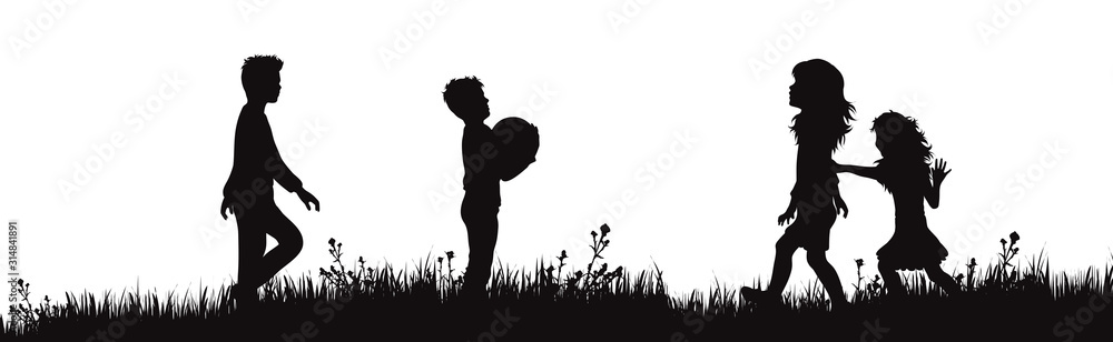 Vector silhouette of children on the garden on white background. Symbol of boys and girl in the school play together on the grass. Vector silhouette of children on the garden on white background. Symbol of boys and girl in the school play together on the grass.