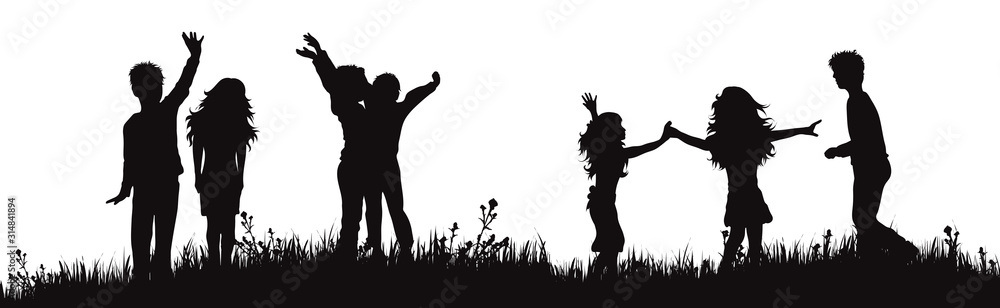 Vector silhouette of children on the garden on white background. Symbol of boys and girl in the school play together on the grass.