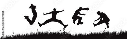 Vector silhouette of jumping people on white background. Symbol of happy boys on the meadow.