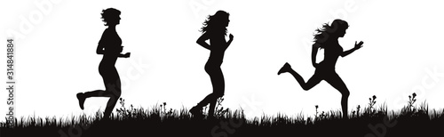 Vector silhouette of running women on white background. Symbol of jogging girls on the meadow.