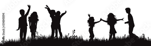 Vector silhouette of children on the garden on white background. Symbol of boys and girl in the school play together on the grass.