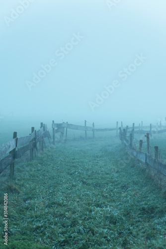 Foggy rural landscape with wooden fence.