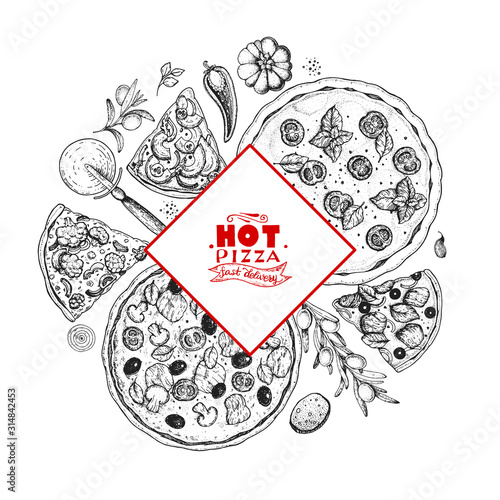 Italian pizza and ingredients top view frame. Italian food menu design template. Vintage hand drawn sketch, vector illustration. Engraved style illustration. Pizza label for menu.