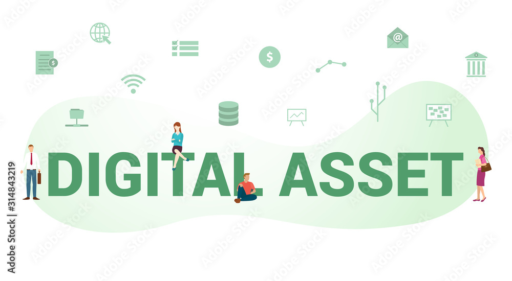 digital asset concept with big word or text and team people with modern flat style - vector digital asset concept with big word or text and team people with modern flat style - vector