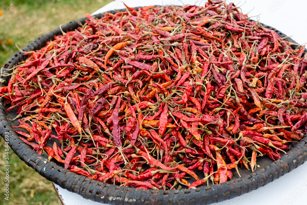Naklejka premium Hot dried red chillies peppers in big round plate. Traditional mexican cuisine. Healthy vegan food