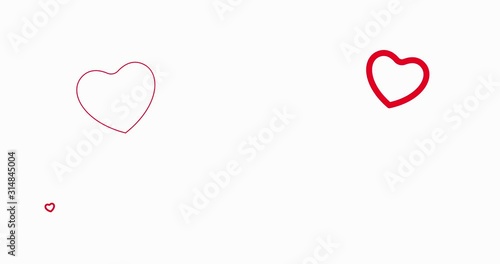 Animation - the contours of red hearts appear on a white background, increase in size and disappear, while new red hearts appear in other places on the screen. 4K