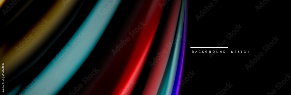 Fototapeta premium Silk and smooth flow wave poster design. Color waves, liquid style lines and shapes in black color background