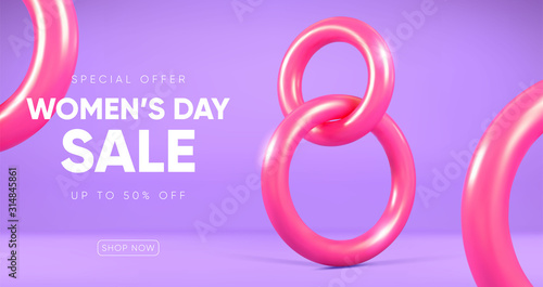International women's day sale banner. Plastic 8 number 3D render. Eps10 vector.