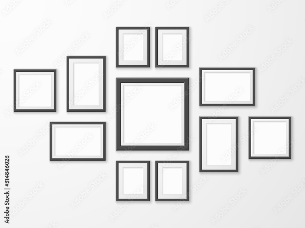 Black picture frames. Realistic empty image frame in different size and shape. Mockups for museum gallery, photo borders with shadow vector set Black picture frames. Realistic empty image frame in different size and shape. Mockups for museum gallery, photo borders with shadow vector set