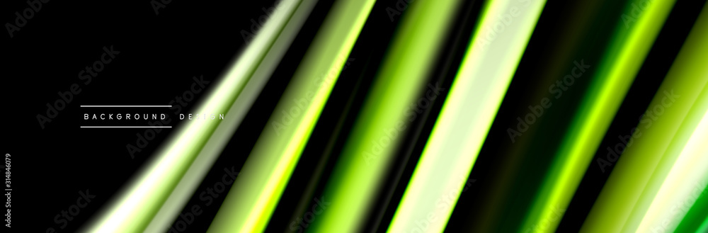 Silk and smooth flow wave poster design. Color waves, liquid style lines and shapes in black color background Silk and smooth flow wave poster design. Color waves, liquid style lines and shapes in black color background