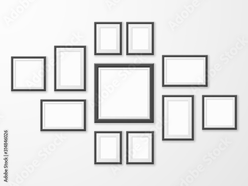 Fototapeta Naklejka Na Ścianę i Meble -  Black picture frames. Realistic empty image frame in different size and shape. Mockups for museum gallery, photo borders with shadow vector set