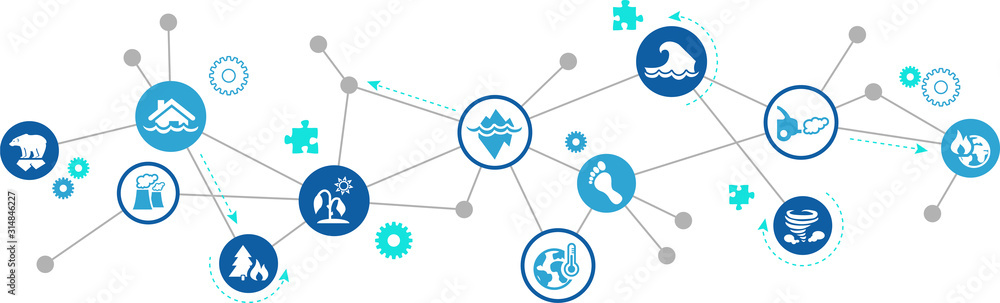 Vektor Illustration zu Klimawandel, globaler Erwärmung und Klimaschutz. Vernetzte Icons zeigen Folgen der Erderwärmung durch Kohlendioxid Emissionen. Vektor Illustration zu Klimawandel, globaler Erwärmung und Klimaschutz. Vernetzte Icons zeigen Folgen der Erderwärmung durch Kohlendioxid Emissionen.
