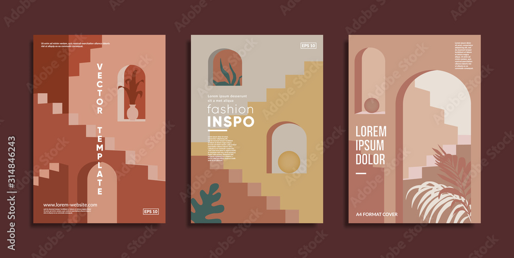 Minimal geometric covers. Staircases, archs and flowers composition.  - obrazy, fototapety, plakaty 