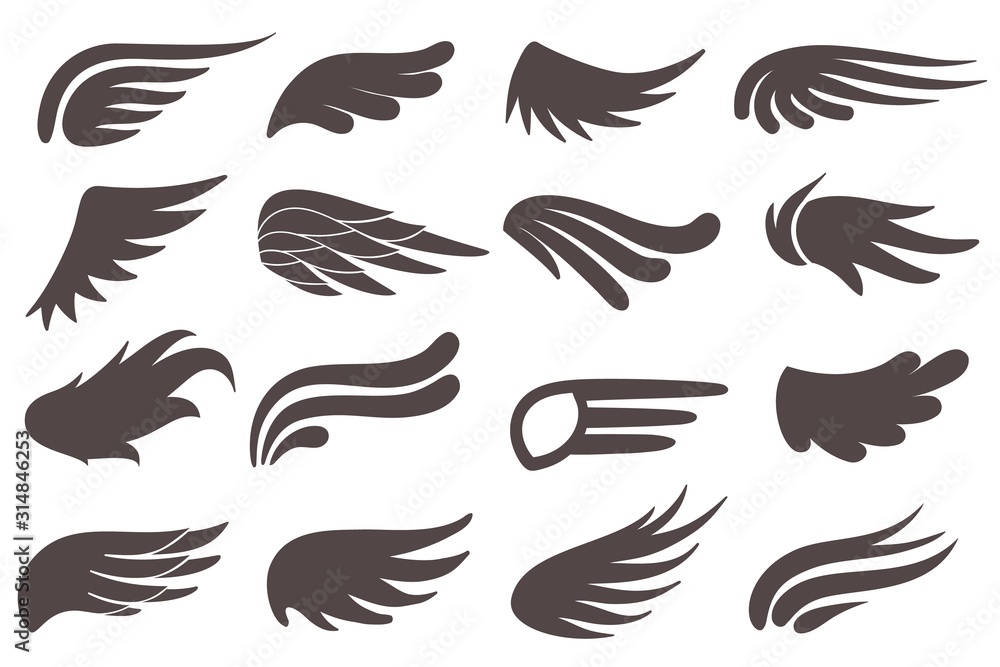 Wing icons. Different shapes of black wings, feather birds peace emblem, heraldic elements. Vintage tattoo and angel logo vector symbols