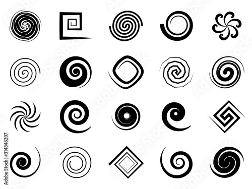 Spiral swirls. Speed circular symbol, twisted swirl elements, psychedelic hypnosis symbols, modern texture art logo vector signs