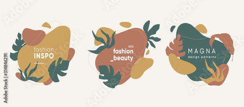 Artistic badges set. Simple shapes with floral elements composition.