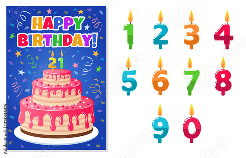 Birthday card with numbers candles. Anniversary invitation, colorful celebration cake with candle, kids party greeting card vector template