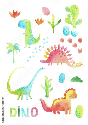 Set of cute dinosaurs in cartoon style on a white background, watercolor. Dino character, tropical florals