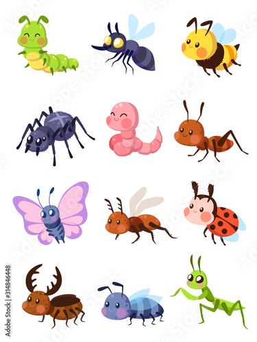 Cartoon insects. Cute grasshopper and ladybug, caterpillar and butterfly. Mosquito and spider. Fly, ant and mantis vector set © YummyBuum