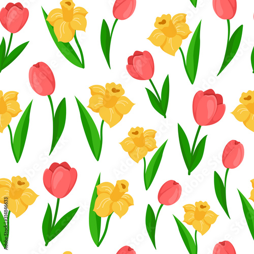 Easter Day - seamless pattern spring flowers on white background  floral ornament - tulip  daffodil  narcissus  background endless texture for textile  fabric  wrapping or scrapbooking paper - vector