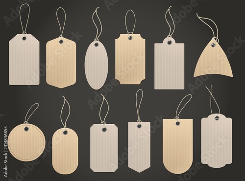 Craft hanging labels. Price brown paper tag for natural eco food grocery and shop vintage vector set