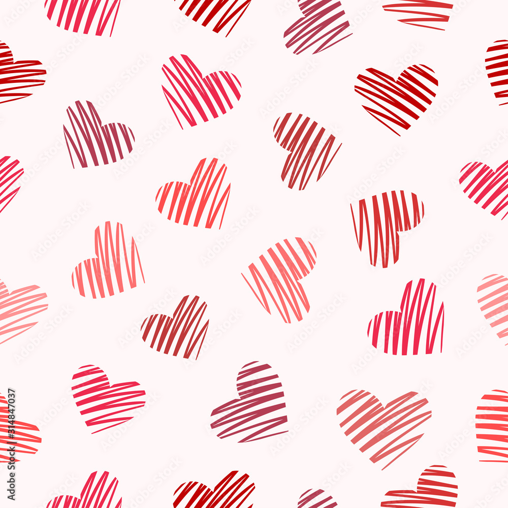 Fototapeta premium Colorful striped hearts on light pink background. Seamless cute pattern for Valentine day. Good for packaging design.