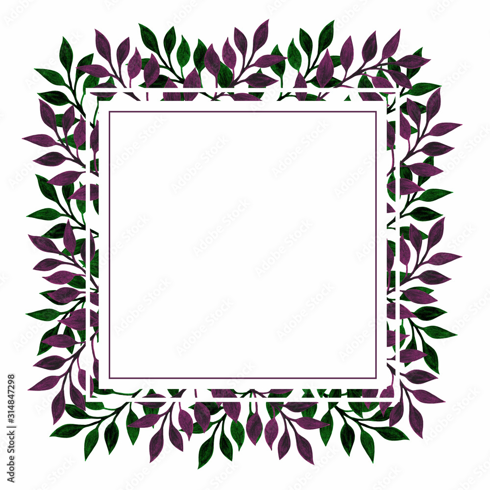Square frame with watercolor purple green leaves. Hand drawn floral border. Copy space template for cute holiday design, elegant template, invitation, greeting card, poster