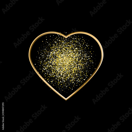 Vector illustration. Gold heart, gold glitter, heart frame