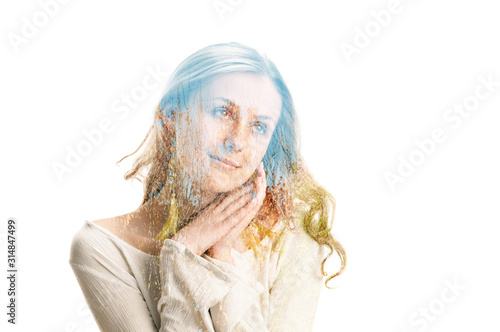 Fototapeta Naklejka Na Ścianę i Meble -  portrait of beautiful blonde girl on white background, double multiple exposure effect,combined images