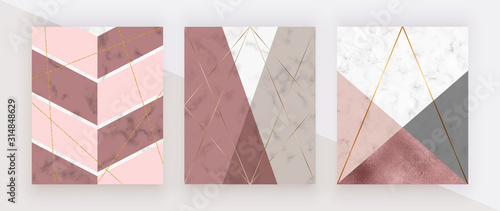 Geometric cover with pink, rose gold and grey triangular shapes, golden lines on the white marble texture. Modern backgrounds for menu, banner, card, flyer, invitation, product package, brochure.